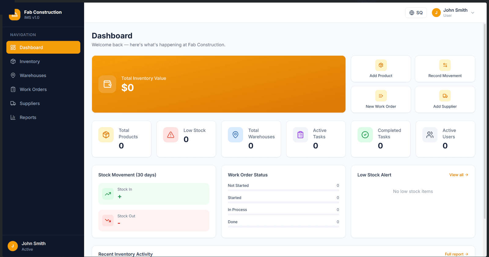 FAB Construction IMS dashboard showing total inventory value, stock levels by category, work-order status and a live low-stock alert list
