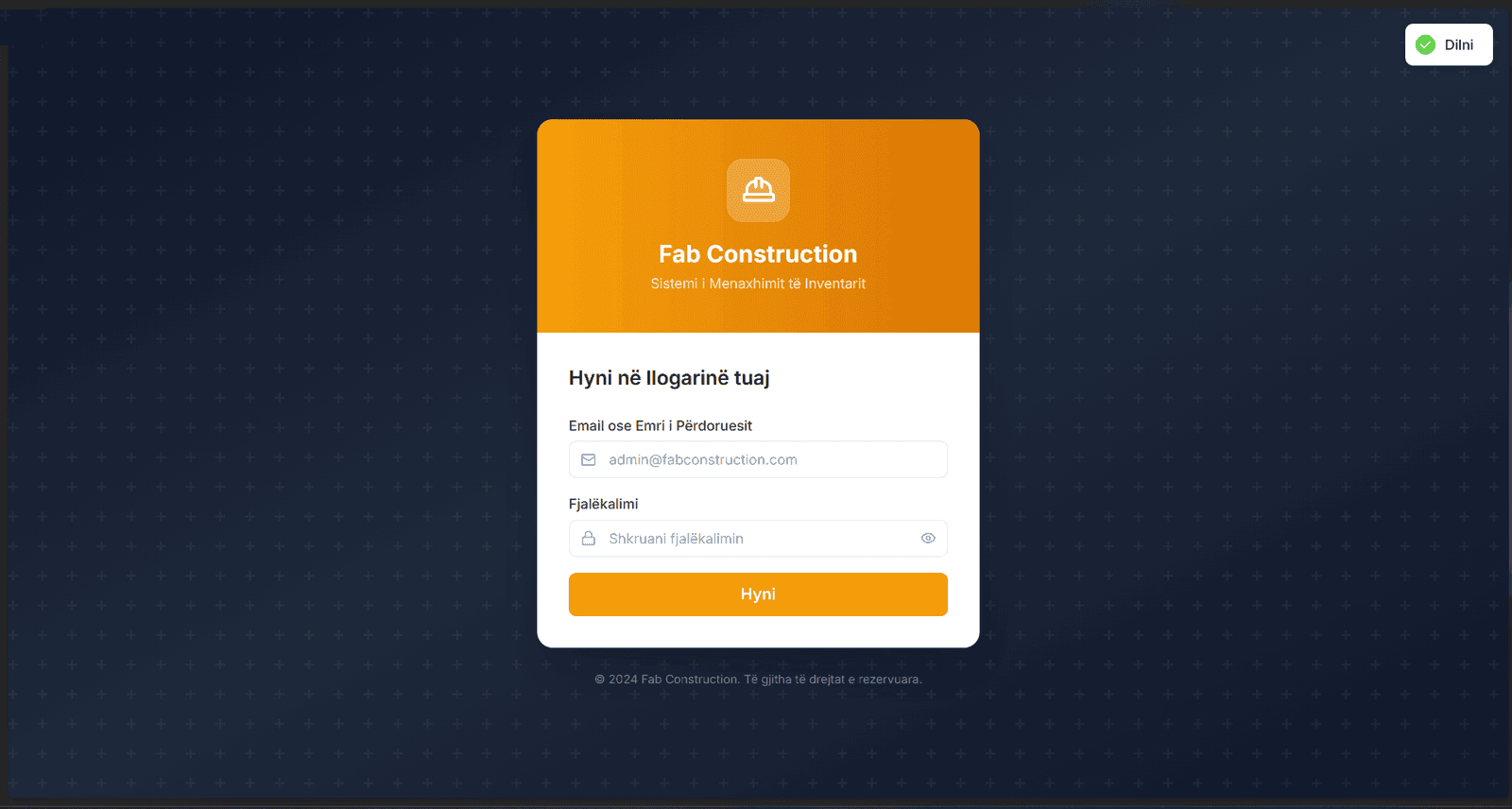 FAB Construction IMS sign-in screen, localized in Albanian for on-site staff